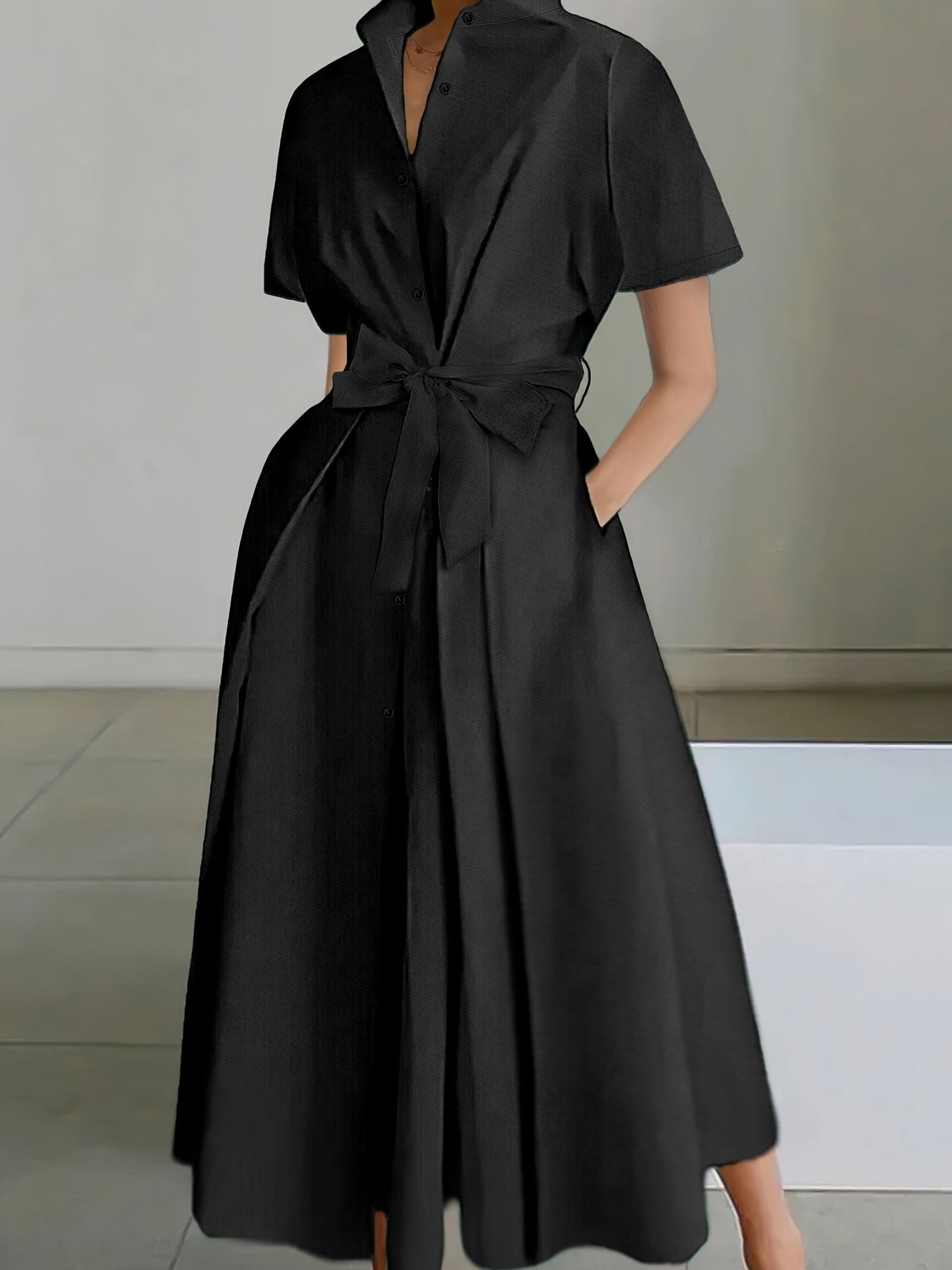 Elegant Women's Short Sleeve Shirt Dress - Solid Color, Polyester, Buttoned, Woven, Spring/Summer Collection, Adult, A-Line